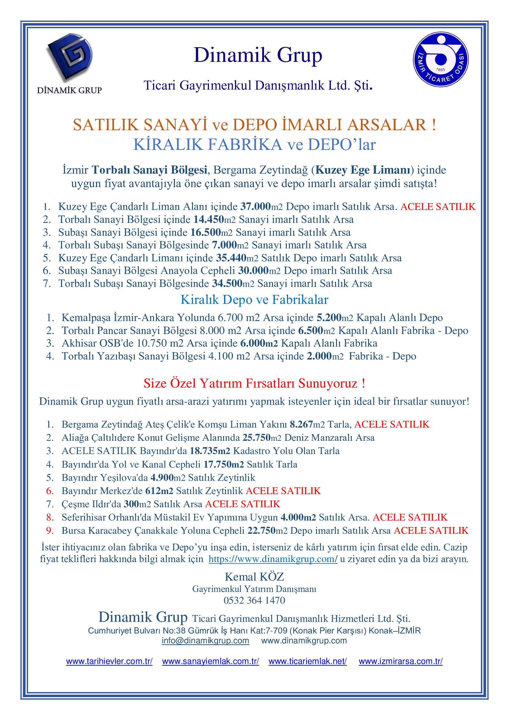 SATILIK SANAYİ ve DEPO İMARLI ARSALAR !